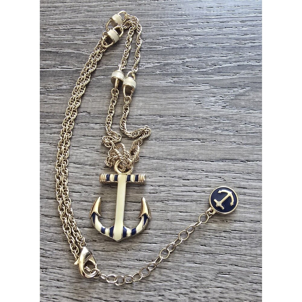 Blue & White Enamel Anchor With Gold Tone Chain Nautical Summer Beach